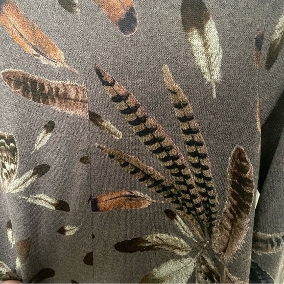 Jardin by Macris Tunic Sweater Dress S Feather Print Pockets Brown Flare Swing - Picture 6 of 8